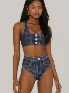 NWOT Oye X Revolve Denim High-Waist Bikini Set Vintage Look Sumner Swim Buttons